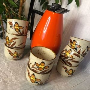 Vintage 1970s MCM COFFE TEA POT SERVER & set 8 small ceramic floral cups mugs